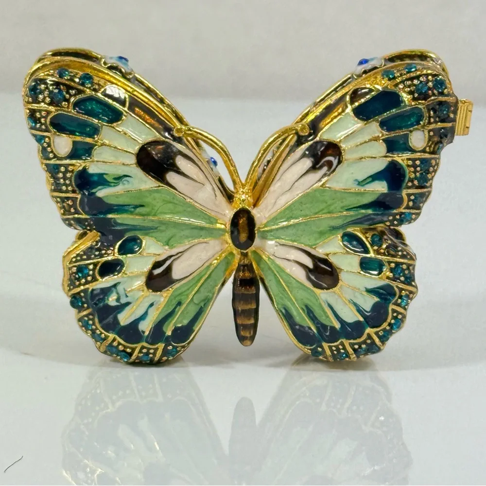 Gold-Tone Butterfly Enamel Magnet Hinged Trinket Box in‎ Green and Teal